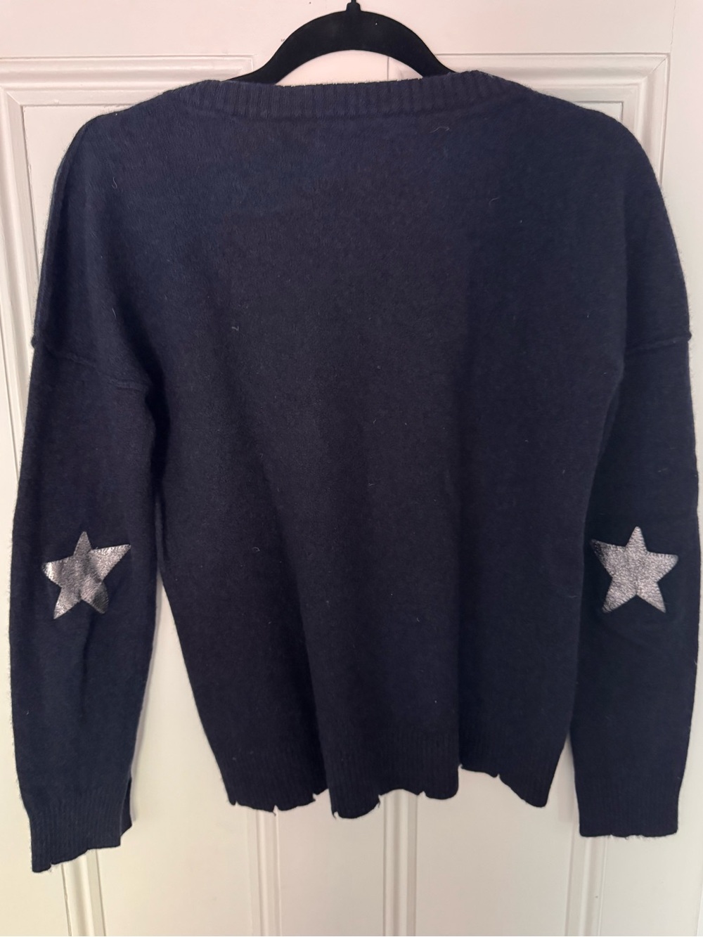 ZADIG & VOLTAIRE Cici Silver Star Elbow Patch 100% Navy Cashmere Sweater Sz M